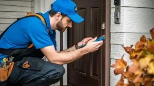 Locksmith technician servicing a residential lock